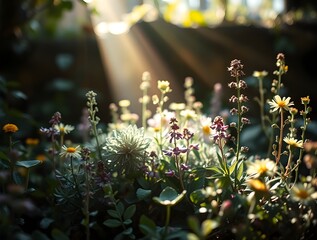 Sunlight streams through trees, highlighting a cluster of wildflowers in varying stages of bloom. The scene evokes a peaceful, natural beauty.