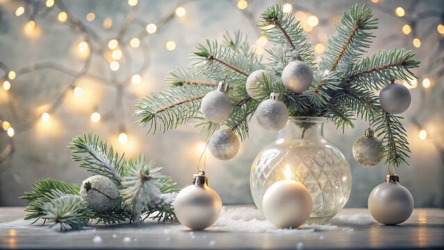 Frosted christmas tree branches with ornaments and twinkling lights