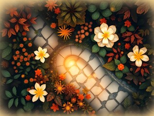 A cobblestone path is surrounded by vibrant flowers and leaves. Soft, warm light highlights the pathway, creating a cozy atmosphere.