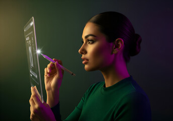 Obraz premium Woman using a futuristic transparent tablet with a stylus. Female designer working on a modern glass screen interface, tech concept.