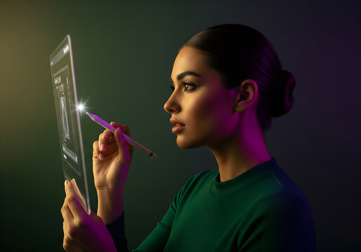 Woman using a futuristic transparent tablet with a stylus. Female designer working on a modern glass screen interface, tech concept.