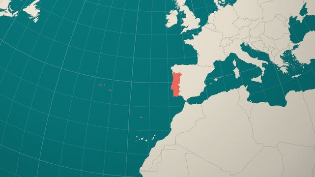 Portugal map. Animated zoom into the country on the Globe in Teal Pale Mint color palette. Country logo animation. Map with meridians, parallels. Awesome video.