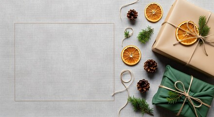 Top-Down View of Gifts Wrapped in Kraft Paper and Green Fabric with Dried Citrus and Pine Cones, Linen Texture Background, Blank Space for Text, 4K Studio Lighting