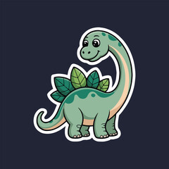 Cute cartoon stegosaurus sticker with green body and leaves on its back against a dark background