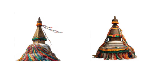 Two tibetan stupas, also known as chortens, adorned with colorful prayer flags and fabric, isolated on transparent background