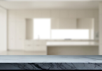 Empty marble top table with blurred kitchen interior Background. for product display.