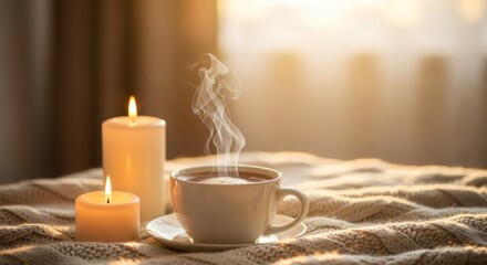 Cozy morning with a cup of hot coffee and burning candles. Hygge concept for a warm and relaxing winter atmosphere at home.