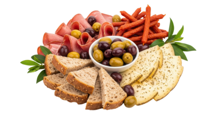 Sliced Cured Meats Cheese Slices With Herbs Assorted Olives In Bowl Whole Grain Bread Slices And Small Sausages Arranged Transparent Background Isolate Food