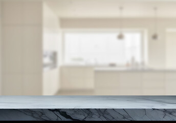 Empty marble top table with blurred kitchen interior Background. for product display.