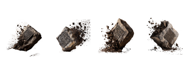 Four chunks of dark soil or coal breaking apart and scattering into dust, isolated on transparent background