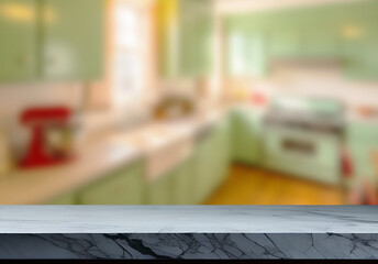 Empty marble top table with blurred kitchen interior Background. for product display.