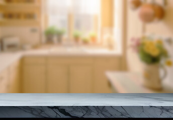 Empty marble top table with blurred kitchen interior Background. for product display.