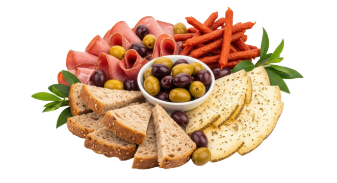 Sliced Cured Meats Cheese Slices With Herbs Assorted Olives In Bowl Whole Grain Bread Slices And Small Sausages Arranged Transparent Background Isolate Food