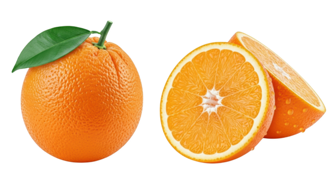 Whole orange with green leaf and two halves of orange one with water droplets isolate orange slice citrus fruit fresh healthy transparent background juicy