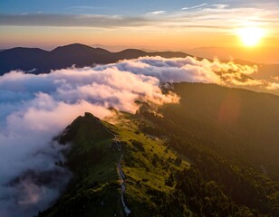 Aerial view of a mountain ridge with clouds and sunset
