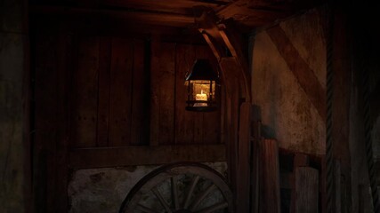 A gently glowing lantern hangs on a wooden beam, casting a warm light over the textures of an old barn. The atmosphere is peaceful, highlighting rustic charm at twilight.