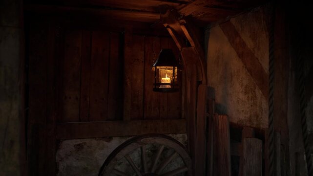 A gently glowing lantern hangs on a wooden beam, casting a warm light over the textures of an old barn. The atmosphere is peaceful, highlighting rustic charm at twilight.