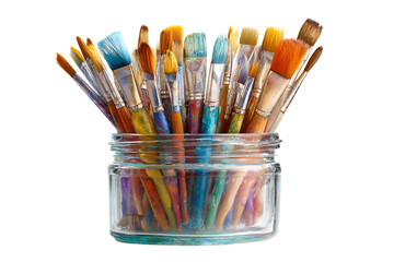 Collection of paint brushes in a glass jar isolated on transparent background