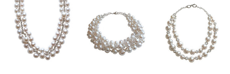 Obraz premium Three pearl necklaces and a bracelet, isolated on transparent background