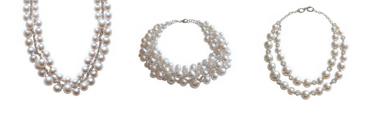 Three pearl necklaces and a bracelet, isolated on transparent background