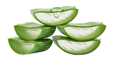 Stacked aloe vera slices with a clear gel drop on top showcasing fresh green plant material with white fibrous interior Isolate Natural Healthy Herbal