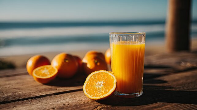 Refreshing orange juice and fresh oranges on a rustic wooden table by the sea, evoking summer vacation vibes. - Powered by Adobe