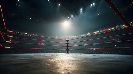 WWE wrestling ring corner. Sport background empty boxing ring with spotlight.