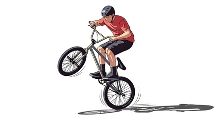 Fototapeta premium BMX Rider Performing Wheelie Stunt on Bicycle Against White Background.