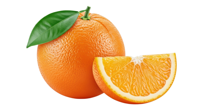 A whole vibrant orange with a green leaf and a slice showing juicy segments isolate Fruit Citrus Orange slice Fresh Healthy Food Sweet Vitamin C Organic