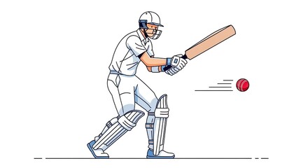 Cricket Batsman Ready to Strike Ball in Action Illustration.