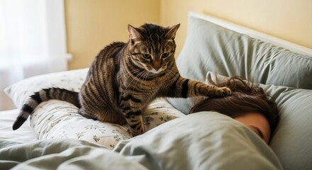 Wake up time Tabby cat touches owners head in bed with morning routine.