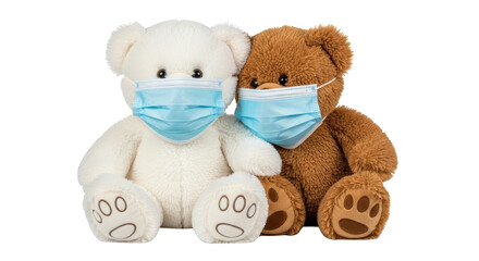 Two plush teddy bears one white and one brown sit side by side wearing blue medical face masks isolate stuffed animal toy plush toy medical mask blue mask