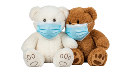 Two plush teddy bears one white and one brown sit side by side wearing blue medical face masks isolate stuffed animal toy plush toy medical mask blue mask