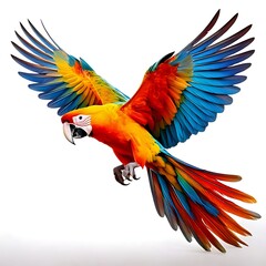 Fototapeta premium A vibrant macaw in mid-flight showcasing brilliant feathers against white