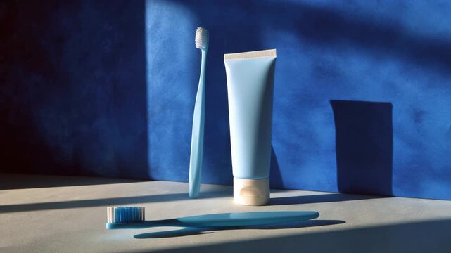 Two toothbrushes and a toothpaste tube stand on a light surface against a blue textured wall illuminated by strong directional light creating prominent shadows