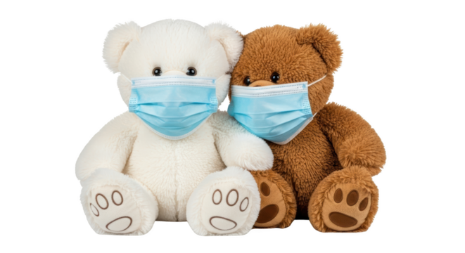 Two plush teddy bears one white and one brown sit side by side wearing blue medical face masks isolate stuffed animal toy plush toy medical mask blue mask - Powered by Adobe