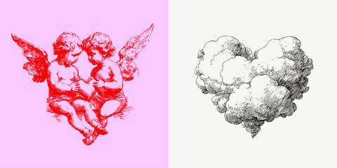 Cute two cherub angels holding heart and detailed cloud heart illustration. Elegant romantic pencil line artwork for wedding invitations, classic poster design.