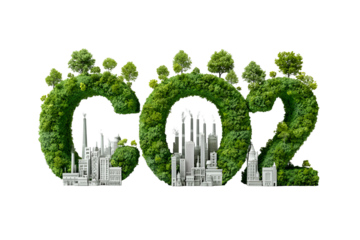 Co2 letters formed by green trees and plants with city buildings inside isolated on transparent background