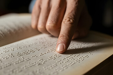 close up of finger reading braille text on paper promoting accessibility and literacy for visually impaired