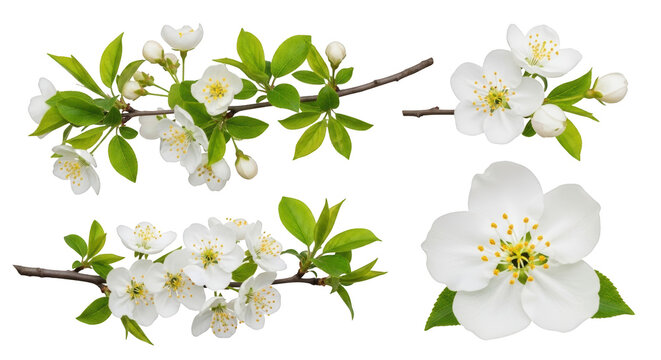 Delicate white cherry blossoms on dark branches with vibrant green leaves and buds isolate white flower spring blossom floral branch blooming nature plant