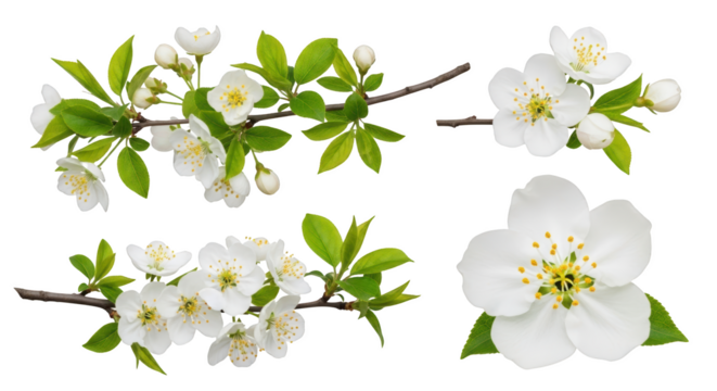 Delicate white cherry blossoms on dark branches with vibrant green leaves and buds isolate white flower spring blossom floral branch blooming nature plant