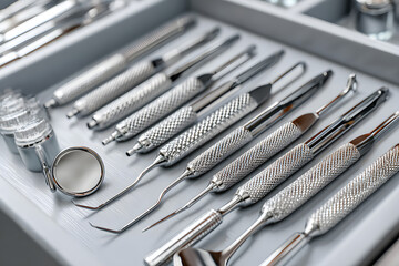Dental equipment tools for teeth care on white background. Professional Dentist desktop, top view