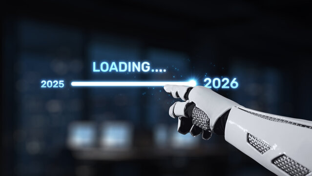 A futuristic robotic hand points at a digital loading screen representing the transition from 2025 to 2026, highlighting themes of technology and innovation. Synapse