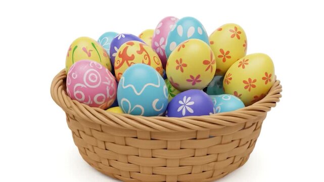 Brightly decorated eggs in a woven basket, isolated on white, ideal for spring holiday marketing
