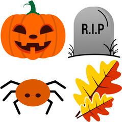 A set of four flat-design icons: a smiling jack-o'-lantern, a gray tombstone with 