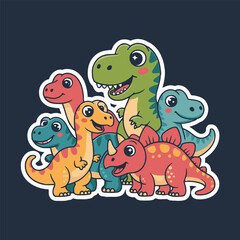 A group of cartoon dinosaurs of different colors standing together on a dark blue background sticker art
