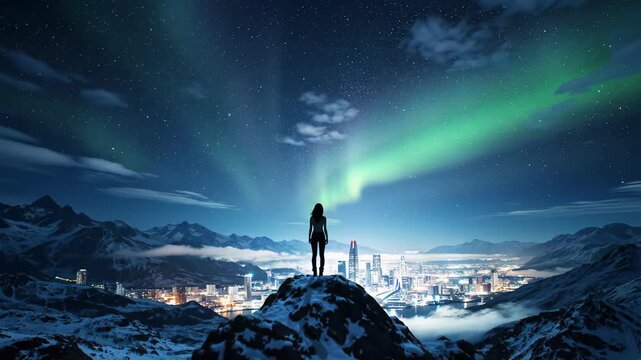 A lone human silhouette stands on a snow-dusted peak, gazing at a futuristic metropolis under a vibrant time-lapse aurora borealis night sky, concept of majestic awe