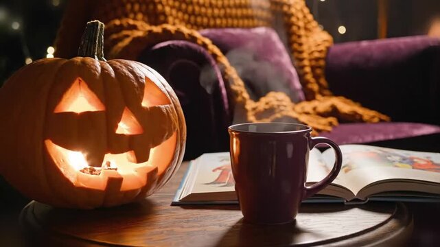 intimate halloween corner featuring pumpkin lamp beside open book and tea steam, cinematic autumn ambience with calm lighting