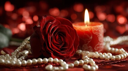 Elegant red rose with flickering candle and pearls evokes romance and luxury, perfect for special occasions.