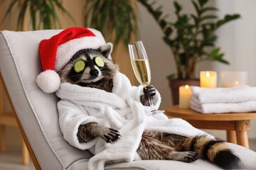 Raccoon wearing Santa hat and cucumber slices on eyes, relaxing in bathrobe with champagne glass, embodying festive holiday spirit and leisure